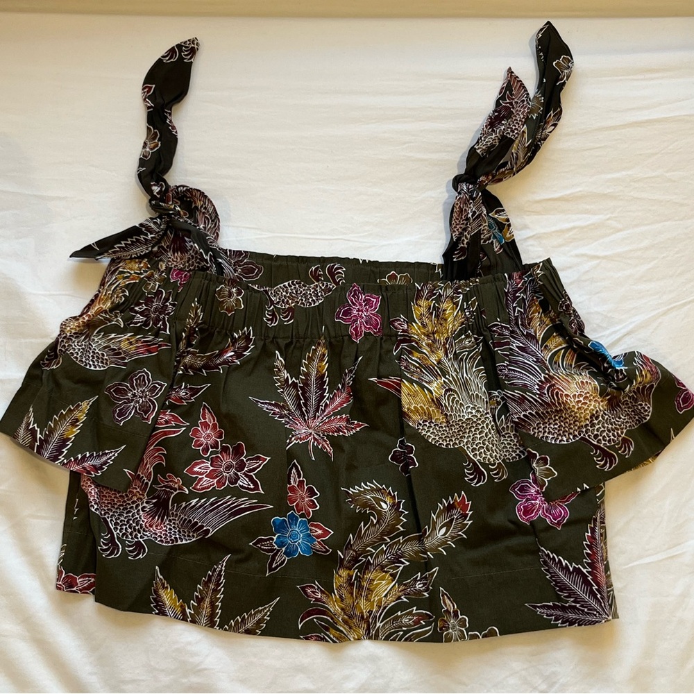 Sandro Paris Dark Green floral tie off the shoulder top